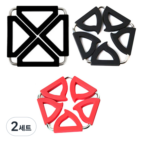 듀얼 냄비 받침대 사각 블랙 + 레드 + 오각 블랙, 혼합 색상, 2세트