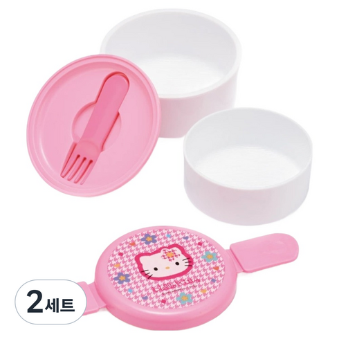 스케이터 ONWR1AG 항균 휴대용 2단 도시락 500ml + 포크 세트, 헬로키티 핑크, 2세트