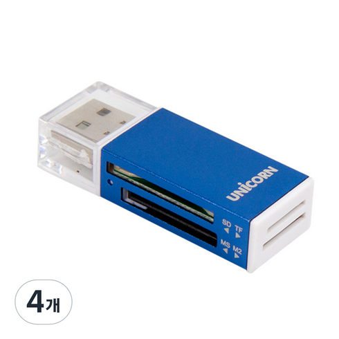 유니콘 USB2.0 휴대용 미니 카드리더기, XC-500A, 블루, 4개