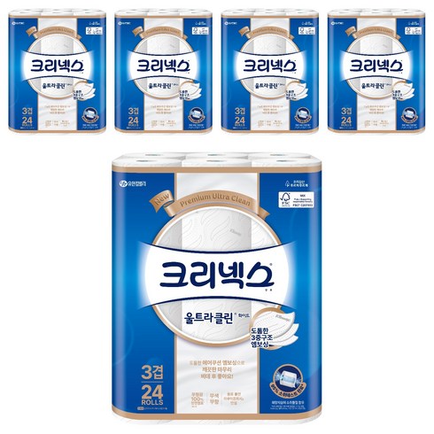 크리넥스 3겹 천연펄프 울트라클린 화이트, 25m, 24개입, 5개