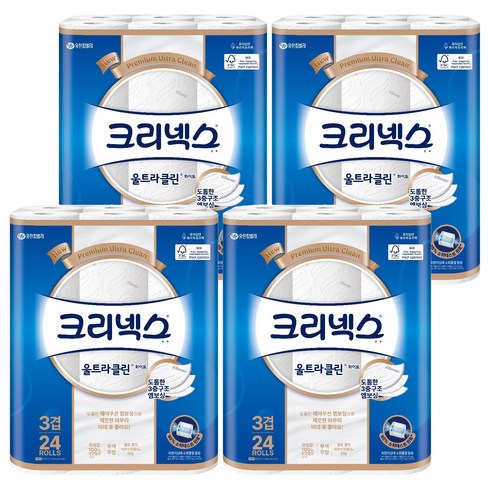 크리넥스 3겹 천연펄프 울트라클린 화이트, 25m, 24개입, 4개