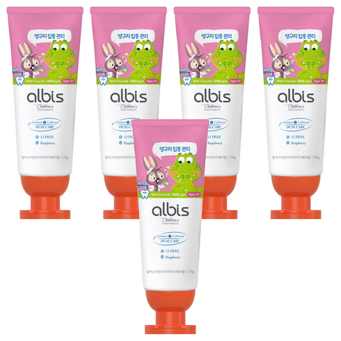 알비스 고불소 충치케어 라즈베리향 어린이 치약, 75g, 5개