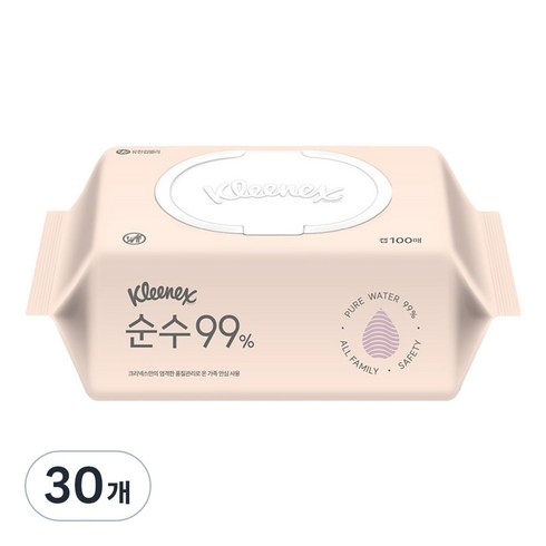 크리넥스 순수 99 퍼센트 물티슈 캡형, 30개, 100매, 37g