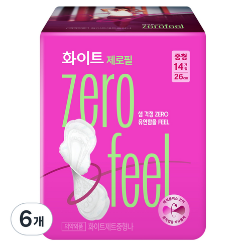화이트 제로필 생리대, 중형, 14개입, 6개