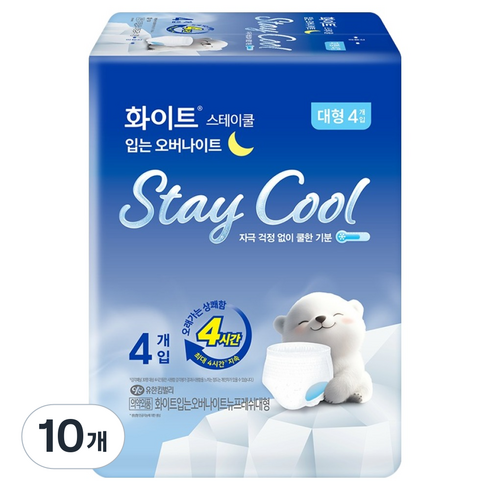 화이트 스테이 쿨 입는 오버나이트, 대형, 4개입, 10개