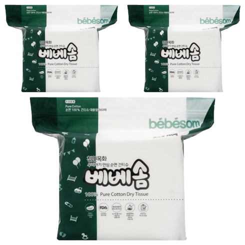 베베솜 표백 건티슈 순면 아기물티슈 리필형, 60g, 360매, 3개