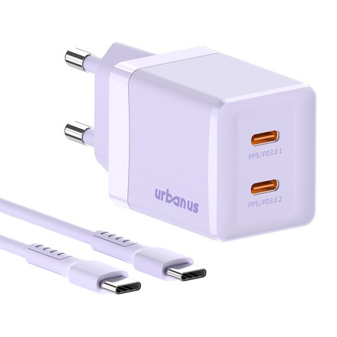 어반어스 GaN 45W 미니 C타입 2포트 PD PPS 초고속 충전기 60W C to C 케이블 1.5m, 퍼플, 1개