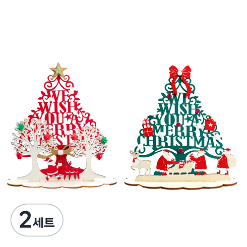 12000 레이저 나무입체 장식카드 2종 세트, 레드, 그린, 2세트