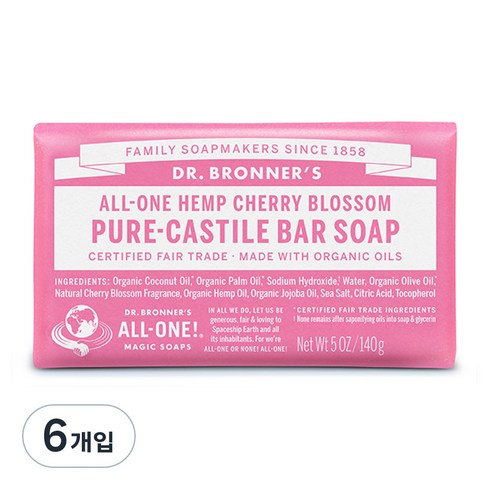 닥터브로너스 체리 블라썸 퓨어 캐스틸 바 솝, 140g, 6개입