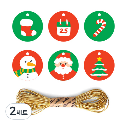 인디케이 크리스마스 아이콘 원형 랜덤발송 텍 100p+샌드골드 금사 1p, 혼합색상, 2세트