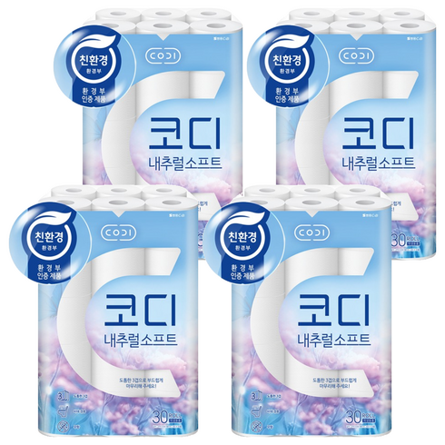 코디 내추럴소프트 3겹 롤화장지, 27m, 30롤, 4개
