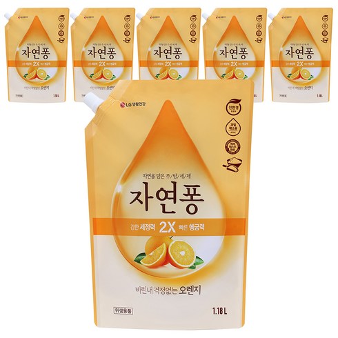 [비건라이프] 자연퐁 비린내 걱정없는 오렌지 주방세제 리필, 1.18L, 6개