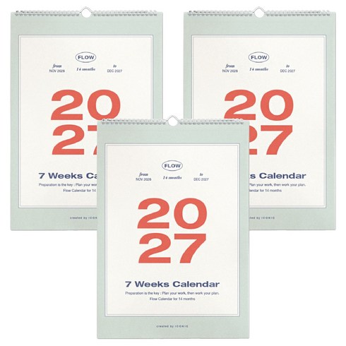 아이코닉 2027 플로우 벽걸이 월 캘린더 A3, 혼합색상, 3개