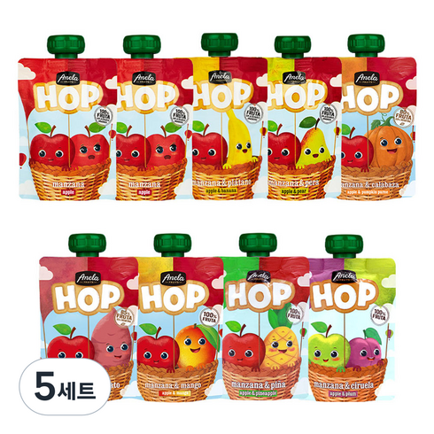 아넬라 HOP 퓨레 사과 100g 2p + 바나나 100g + 사과배100g + 단호박 100g + 고구마 100g + 푸룬 100g + 애플망고 100g + 파인애플 100g 세트, 혼합맛(사과/바나나/사과배/단호박/고구마/생푸룬/애플망고/파인애플), 5세트