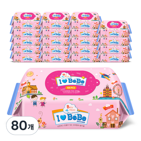 아이러브베베 핑크 물티슈 리필형, 43g, 100매, 80개