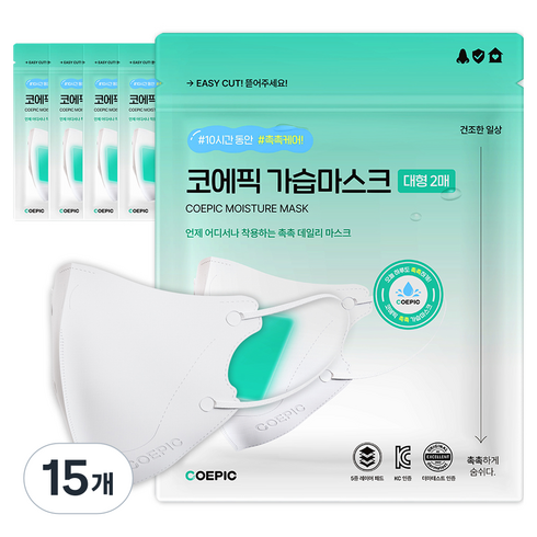코에픽 비염 촉촉 새부리형 가습 덴탈 일회용 마스크 대형, 화이트, 15개, 2개입