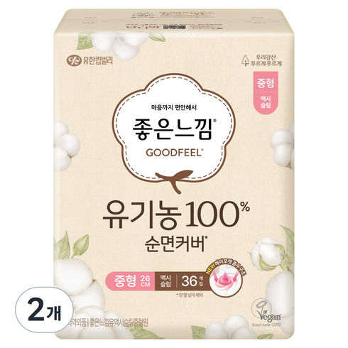 좋은느낌 유기농 순면커버 맥시슬림 생리대 날개형, 중형, 36개입, 2개