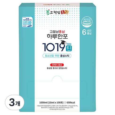 고철남홍삼 하루한포 1019틴 홍삼스틱 100p, 1L, 3개