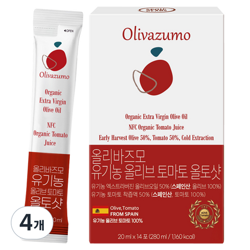 올리바즈모 유기농 엑스트라버진 올리브 토마토 올토샷 스틱, 4개, 280ml