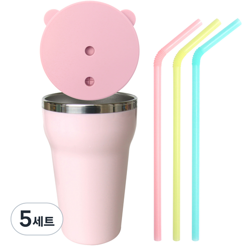 데일리키즈 실리콘뚜껑 + 스텐컵 + 빨대 3p 세트, 핑크, 5세트, 350ml
