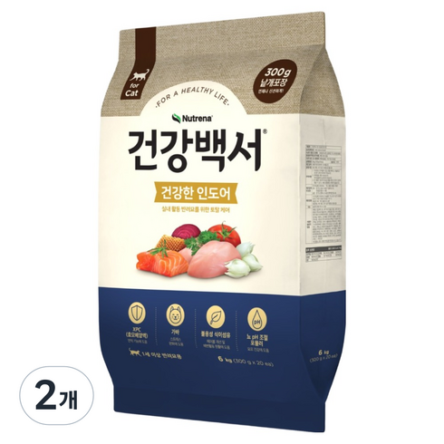 뉴트리나건강백서 캣 건강한 인도어 건식사료 20p, 닭+연어, 6kg, 2개