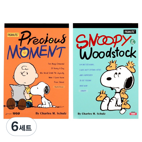 피너츠 스누피 커버 메모패드 2종 세트, 민트, 오렌지, 100매, 6세트