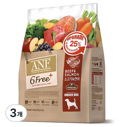 ANF 전연령 식스프리 플러스 인도어 독 건식사료, 소+연어, 1.6kg, 3개