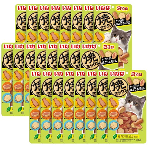 이나바 고양이 야끼믹스 간식, 혼합맛(가다랑어포/가리비/정어리스프), 25g, 24개