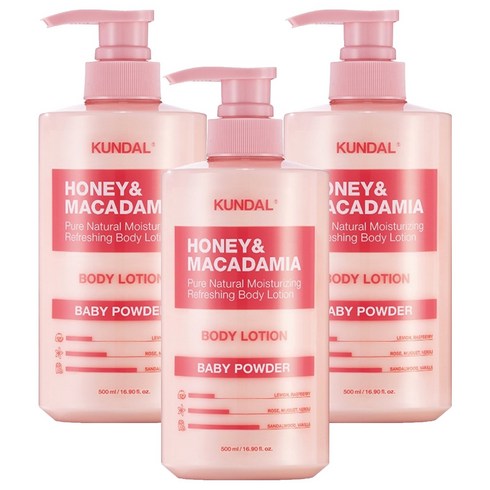 쿤달 허니 앤드 마카다미아 퓨어 바디로션 베이비파우더, 500ml, 3개