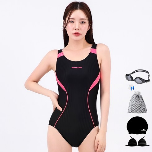 아쿠아티카 여성용 실내 원피스 수영복 AQA1506 + 일반용수경 6종세트