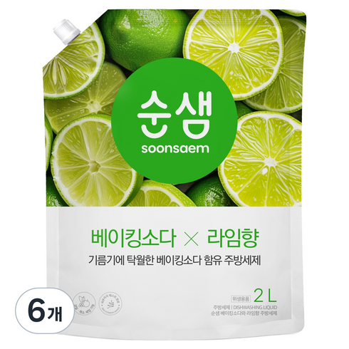 순샘 베이킹소다 주방세제 라임향, 6개, 2L