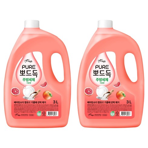 피죤퓨어 뽀드득 주방세제 자몽향, 2개, 3L