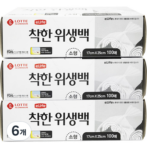 롯데 이라이프 착한 위생백 소형 17 x 25 cm, 소(S), 100개입, 6개