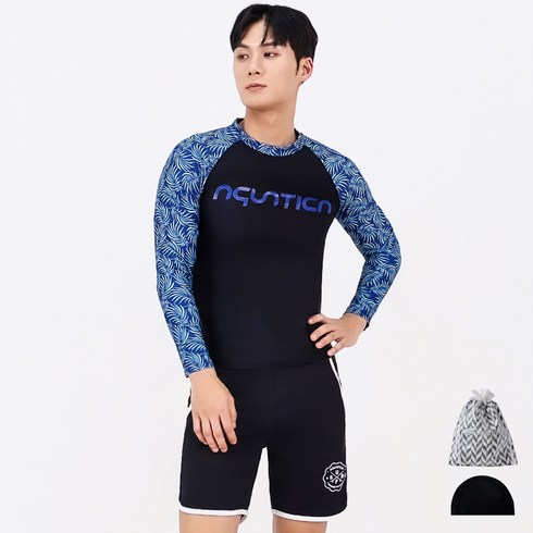 아쿠아티카 남성 래쉬가드 상의 + 트렁크반바지 + 스판수모 + 비닐백 세트