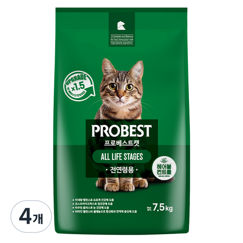 프로베스트 고양이 그린 전연령 기능성 사료, 헤어볼+장건강, 7.5kg, 4개