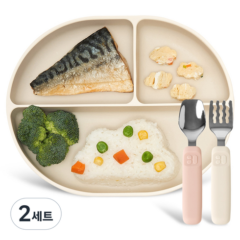 마더케이 유아용 실리콘 이유식 3구 흡착식판 + 실리콘 스푼 포크 세트, 아이보리(식판), 핑크 아이보리(스푼, 포크), 2세트