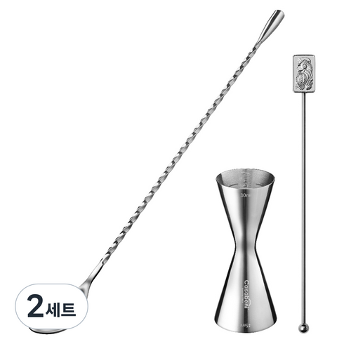 까사베니 홈텐딩 칵테일 하이볼 올스텐 계량지거 30ml / 45ml + 바스푼 30cm + 머들러 실버 사각 세트, 2세트