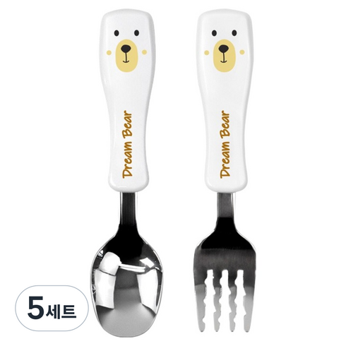 키친유 유아용 베어 꼬마 스텐 스푼포크 세트, 화이트, 스푼 + 포크, 5세트