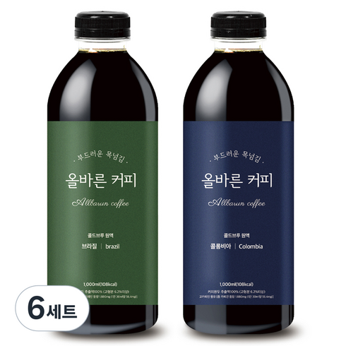 올바른커피 콜드브루 원액 더치커피 브라질 + 콜롬비아, 1L, 2개입, 6세트