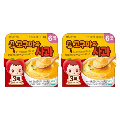 아이배냇 유아용 베베 떠먹는 퓨레, 혼합맛(고구마/사과), 90g, 2개