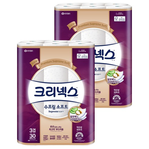 크리넥스 수프림 소프트 천연펄프 3겹 화장지, 30m, 30롤, 2개