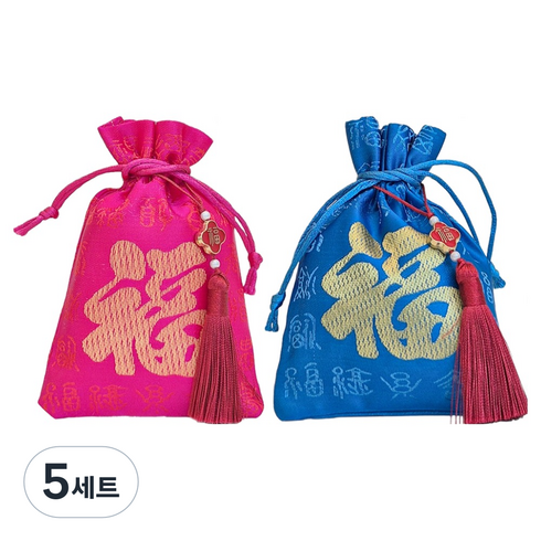 이플린 복주머니 2종 + 복노리개 시리즈 2p 세트, 핑크 + 하늘(복주머니), 레드(복노리개), 5세트