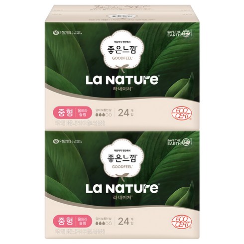 라네이처 좋은느낌 울트라슬림 생리대 날개형, 중형, 24개입, 2개