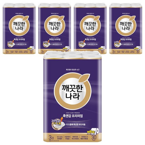 깨끗한나라 천연펄프 3겹 촉앤감 프리미엄 롤화장지, 30m, 30개입, 5개