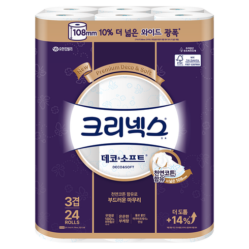 크리넥스 3겹 천연펄프 데코 앤 소프트 고급롤화장지, 33m, 24개입, 1개