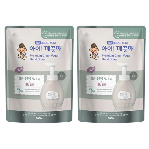 아이깨끗해 프리미엄 클린 비건 폼 핸드솝 무향 리필, 400ml, 2개