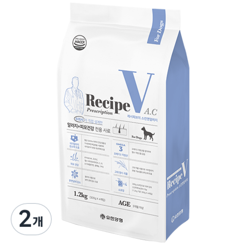 유한양행레시피브이 강아지 처방식 사료, 피부/피모+알러지, 1.2kg, 2개