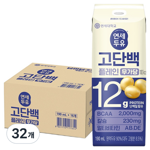 연세두유 고단백 플레인 무가당 두유, 32개, 190ml