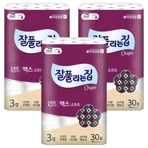 잘풀리는집 맥스 소프트 3겹 롤화장지, 30m, 30롤, 3개
