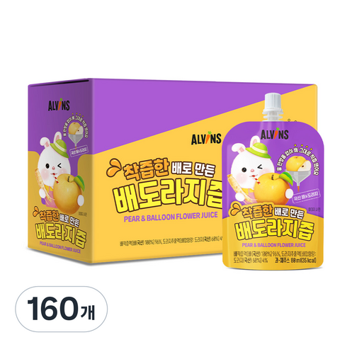 엘빈즈 착즙한 배로 만든 배도라지즙, 80ml, 160개, 혼합맛(배/도라지)